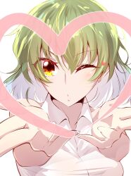 Rule 34 | 1girl, absurdres, blowing kiss, blush, collared shirt, commentary, green hair, hair between eyes, heart, highres, itocoh, kazami yuuka, one eye closed, orange eyes, outstretched arms, pov, shirt, short hair, solo, touhou, white background, white shirt
