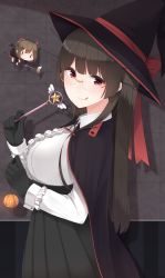 Rule 34 | 10s, 1990s (style), 2girls, :q, absurdres, alternate costume, black gloves, black hair, breasts, cape, cardcaptor sakura, choukai (kancolle), fairy (kancolle), glasses, gloves, halloween, halloween costume, hat, highres, jack-o&#039;-lantern, kantai collection, large breasts, long hair, multiple girls, pleated skirt, red eyes, shirt, skirt, smile, tongue, tongue out, wand, white shirt, witch, witch hat, yukichi (sukiyaki39)