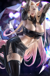 Rule 34 | ahri (league of legends), animal ears, arms up, black thighhighs, blonde hair, boots, breasts, cleavage, commentary, english commentary, facial mark, fox ears, fox tail, hair ornament, high heel boots, high heels, k/da (league of legends), large breasts, league of legends, lipstick, long hair, looking at viewer, makeup, midriff, multicolored hair, multiple tails, navel, pink hair, solo, tail, the baddest ahri, thigh boots, thighhighs, two-tone hair, whisker markings, zumi (zumidraws)