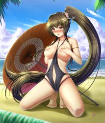 Rule 34 | 10s, 1girl, barefoot, beach, between breasts, blush, breast suppress, breasts, breasts out, brown eyes, brown hair, cherry blossoms, clothes between breasts, cloud, covering privates, covering breasts, day, embarrassed, female focus, flower, hair flower, hair intakes, hair ornament, highres, kantai collection, kantai collection (anime), kneeling, large breasts, long hair, looking at viewer, navel, oil-paper umbrella, one-piece swimsuit, open mouth, outdoors, palm tree, ponytail, sand, shell, shibata rai, sky, slingshot swimsuit, solo, sweat, swimsuit, tree, umbrella, very long hair, wardrobe malfunction, water, yamato (kancolle)