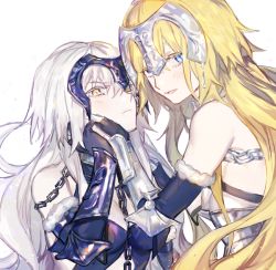 Rule 34 | 2girls, blonde hair, blue eyes, chain, dual persona, fate/apocrypha, fate/grand order, fate (series), fur trim, headwear request, ichigawa (lethe), jeanne d&#039;arc (fate), jeanne d&#039;arc (ruler) (fate), jeanne d&#039;arc (third ascension) (fate), jeanne d&#039;arc alter (avenger) (fate), jeanne d&#039;arc alter (avenger) (third ascension) (fate), jeanne d&#039;arc alter (fate), long hair, multiple girls, upper body, yellow eyes