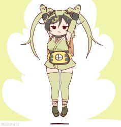 Rule 34 | 1girl, animal ears, arms up, bag, coroha, elbow gloves, extra ears, full body, gloves, green background, green hair, japanese clothes, jumping, kamamitsu (kemono friends), kemono friends, kimono, long hair, looking at viewer, ninja, sandals, simple background, sleeveless, solo, thighhighs, twintails, weasel ears, weasel girl, zouri