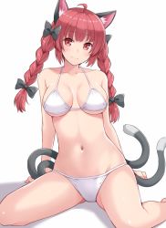 Rule 34 | 1girl, ahoge, alternate costume, amane hasuhito, animal ears, arms behind back, backlighting, bikini, blush, bow, braid, breasts, cat ears, hair bow, kaenbyou rin, looking at viewer, medium breasts, multiple tails, navel, red eyes, red hair, shiny skin, short hair, simple background, sitting, smile, solo, swimsuit, tail, thighs, touhou, twin braids, two tails, wariza, white background, white bikini