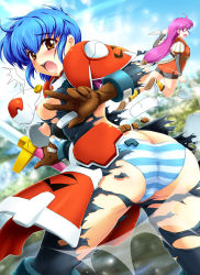 Rule 34 | 2girls, alice soft, armor, ass, blue hair, blue panties, blush, breasts, butt crack, dha, flying, gloves, highres, kentou kanami, looking back, menad shisei, menad sisei, multiple girls, open mouth, panties, pantyhose, rance (series), striped clothes, striped panties, sword, torn clothes, torn legwear, underwear, weapon