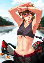 Rule 34 | 1girl, abs, armpits, arms up, bare shoulders, blonde hair, blue sky, bracelet, breasts, cloud, cowboy shot, day, earrings, feguimel, forest, hair between eyes, highres, jewelry, lips, long hair, looking away, looking to the side, midriff, motor vehicle, motorcycle, mountain, nature, navel, open fly, original, outdoors, pants, purple eyes, signature, sky, small breasts, solo, stomach, tank top, tattoo, toned, unbuttoned, underboob, vehicle, water, watermark, web address