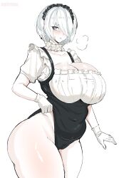 Rule 34 | 1girl, 2b (nier:automata), absurdres, blue eyes, blush, bob cut, breasts, cameltoe, cleavage, collarbone, cowboy shot, frilled sleeves, frills, gloves, hair over one eye, hairband, highres, huge breasts, leotard, looking at viewer, maid, maid headdress, mole, mole under mouth, nier:automata, nier (series), noiretox, parted lips, plump, puffy sleeves, short hair, solo, standing, thick thighs, thighs, white hair, wide hips