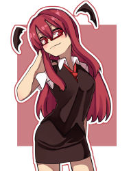 Rule 34 | arm behind head, bat wings, bespectacled, black skirt, black vest, blush, border, breasts, collared shirt, cowboy shot, detached wings, glasses, hair between eyes, head tilt, head wings, koakuma, long hair, looking at viewer, medium breasts, necktie, one-hour drawing challenge, open mouth, outline, red-framed eyewear, red background, red eyes, red hair, red necktie, renshirenji, shirt, short sleeves, sidelocks, simple background, skirt, skirt set, smile, touhou, very long hair, vest, white border, white outline, white shirt, wings