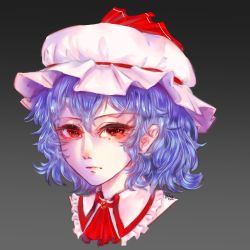 Rule 34 | 1girl, ascot, blue hair, cropped shoulders, frills, gradient background, grey background, hat, hat ribbon, highres, karyodares, looking at viewer, mob cap, portrait, red eyes, red ribbon, remilia scarlet, ribbon, short hair, simple background, solo, touhou