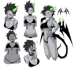 Rule 34 | 1girl, :d, :q, bikini, black bikini, black choker, black gloves, black hair, blush, breasts, choker, closed mouth, colored skin, dragon horns, dragon tail, dragon wings, flying sweatdrops, gloves, green eyes, green lips, grey skin, grin, hand on own hip, highres, horns, large breasts, licking lips, lipstick, looking at viewer, makeup, miitoban, multi-strapped bikini, multiple views, navel, open mouth, original, penis awe, penis shadow, pointy ears, sharp teeth, short hair, simple background, slit pupils, smile, striped, striped skin, swimsuit, tail, teeth, tongue, tongue out, white background, wide-eyed, wings