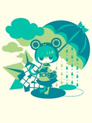 Rule 34 | 1girl, animal costume, frog costume, highres, original, rain, raincoat, solo, syamo, umbrella