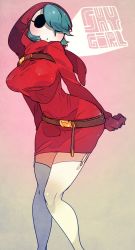 Rule 34 | 1girl, belt, breasts, dress, eye socket, garter straps, genderswap, genderswap (mtf), green hair, hood, hoodie, idkuroi, impossible clothes, impossible dress, large breasts, mario (series), mask, mittens, nintendo, red dress, short dress, short hair, shy gal, shy guy, solo, super mario bros. 1, taut clothes, thighhighs, white thighhighs