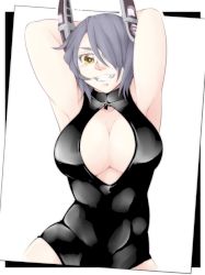 Rule 34 | 10s, 1girl, armpits, arms behind head, arms up, breasts, cleavage, cowboy shot, eyepatch, fang, female focus, front zipper swimsuit, grin, headgear, kantai collection, large breasts, meme attire, neko majin, one-piece swimsuit, purple hair, short hair, smile, solo, swimsuit, tenryuu (kancolle), unzipped, yellow eyes, zipper