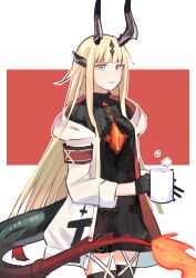 Rule 34 | 1girl, absurdres, arknights, black sweater, black thighhighs, blonde hair, cup, dragon girl, dragon horns, dragon tail, highres, horns, jacket, long hair, looking at viewer, red background, reed (arknights), solo, sweater, tail, thighhighs, white background, white cup, white jacket