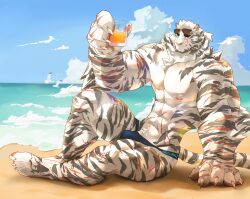 Rule 34 | 1boy, abioticmeat, abs, absurdres, animal hands, arknights, bara, barefoot, beach, bird, claws, cloud, cup, drink, eyewear on head, furry, furry male, highres, holding, holding cup, holding drink, looking at viewer, male focus, mountain (arknights), multiple scars, ocean, pectorals, ponytail, scar, scar across eye, scar on arm, scar on face, scar on hand, scar on leg, scar on stomach, seagull, shore, sky, solo, sunglasses, topless male, underwear, waves