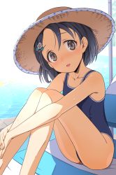 Rule 34 | 1girl, black eyes, black hair, blue one-piece swimsuit, blush, hair ornament, hairclip, hat, highres, idolmaster, idolmaster cinderella girls, knees up, hugging own legs, legs, looking at viewer, one-piece swimsuit, open mouth, poolside, sasaki chie, short hair, sitting, smile, solo, sun hat, swimsuit, yama tatsuo