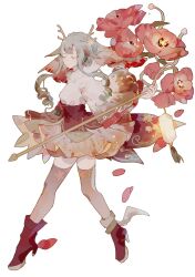 Rule 34 | 1girl, absurdres, angel wings, animal ears, antlers, bad id, bad pixiv id, boots, check flower, closed eyes, closed mouth, collared shirt, corset, deer antlers, deer ears, deer girl, expressionless, falling petals, floral print, flower, full body, grey hair, grey thighhighs, high collar, high heel boots, high heels, highres, holding, holding staff, horns, lantern, lobelia (saclia), long sleeves, miniskirt, original, pansy, petals, pleated skirt, red corset, red flower, red footwear, red pansy, red sleeves, see-through thighhighs, shirt, short hair with long locks, simple background, single wing, skirt, solo, staff, tassel, thighhighs, two-tone sleeves, white background, white shirt, white skirt, white sleeves, white veil, white wings, wide sleeves, winged footwear, wings, zettai ryouiki