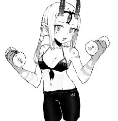 Rule 34 | 1girl, adidas, arm tattoo, bikini, bikini top only, breasts, cropped legs, ddari, dumbbell, facial mark, fang, fate/grand order, fate (series), forehead mark, front-tie bikini top, front-tie top, greyscale, halterneck, highres, holding, horns, ibaraki douji (fate), leggings, long hair, looking at viewer, monochrome, open mouth, pointy ears, shoulder tattoo, simple background, small breasts, solo, swimsuit, tattoo, twintails, white background