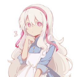 Rule 34 | 1girl, apron, blue dress, closed mouth, colored eyelashes, dress, hair ribbon, hairband, hand up, kagerou project, kozakura marry, long hair, long sleeves, looking at viewer, notice lines, pink hairband, pink ribbon, ribbon, sidelocks, solo, very long hair, wenyu19 19, white apron, white hair