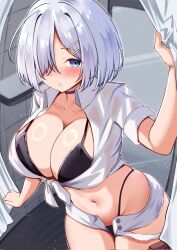 1girl alternate_costume bikini black_bikini blue_eyes blush breasts calin changing_room cleavage collared_shirt commentary_request curtain_grab curtains grey_hair hair_ornament hair_over_one_eye hairclip hamakaze_(kancolle) highleg highleg_bikini highres huge_breasts kantai_collection large_breasts looking_at_viewer micro_shorts navel parted_lips shirt short_hair shorts solo swimsuit tied_shirt white_shirt white_shorts