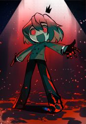 Rule 34 | 1boy, @ @, absurdres, akechi gorou, blood, blood on clothes, blood splatter, btmr game, chibi, confetti, crown, gloves, hair between eyes, highres, jacket, long sleeves, male focus, open mouth, pants, persona, persona 5, red eyes, signature, simple background, solo, spotlight, standing