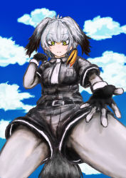 Rule 34 | 10s, 1girl, bad id, bad pixiv id, belt, bird tail, bird wings, black gloves, black hair, blue sky, bodystocking, breast pocket, closed mouth, cloud, cloudy sky, collared shirt, day, expressionless, fingerless gloves, foreshortening, from below, gloves, grey shirt, grey shorts, hand up, head wings, highres, kemono friends, long hair, looking down, low ponytail, multicolored hair, necktie, orange hair, outstretched arm, pantyhose, pocket, reaching, reaching towards viewer, shirt, shoebill (kemono friends), short sleeves, shorts, side ponytail, silver hair, silver necktie, silver shirt, silver shorts, sky, solo, standing, tail, upshorts, white necktie, wing collar, wings, yellow eyes
