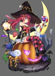 Rule 34 | 1girl, 2drr, absurdres, black hat, blue eyes, boots, breasts, cleavage, hat, high heel boots, high heels, highres, jack-o&#039;-lantern, original, pumpkin, red hair, solo, striped clothes, striped thighhighs, thighhighs, witch hat