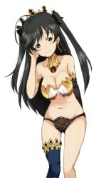 Rule 34 | 10s, 1girl, ahoge, armlet, armor, bare shoulders, bikini armor, black eyes, black hair, black ribbon, blush, breasts, closed mouth, collar, commentary request, cosplay, crown, detached sleeves, earrings, fate/grand order, fate (series), girls und panzer, hair ribbon, hand in own hair, hoop earrings, ishtar (fate), ishtar (fate) (cosplay), isuzu hana, jewelry, kayabakoro, leaning forward, long hair, looking at viewer, medium breasts, navel, ribbon, simple background, single thighhigh, smile, solo, standing, thighhighs, two side up, white background