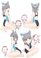 Rule 34 | 1boy, 1girl, animal ear fluff, animal ears, doodle sensei (blue archive), ass, back cutout, barefoot, black one-piece swimsuit, blue archive, blue eyes, blue hair, blue one-piece swimsuit, blunt bangs, blush, breasts, closed mouth, clothing cutout, collarbone, commentary request, competition swimsuit, cross hair ornament, dorsiflexion, eyelashes, feet, from above, from side, full body, grey hair, hair ornament, highleg, highleg swimsuit, highres, kneeling, legs, long hair, looking at viewer, multiple views, on ground, one-piece swimsuit, parted lips, ponytail, sensei (blue archive), shiroko (blue archive), shiroko (swimsuit) (blue archive), sidelocks, simple background, sitting, small breasts, soles, swimsuit, thighs, toes, two-tone swimsuit, wariza, white background, yukkuri bitto