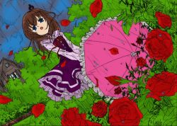 Rule 34 | 00s, 1girl, blue eyes, brown hair, flower, petals, rain, rose, solo, umbrella, umineko no naku koro ni, ushiromiya maria