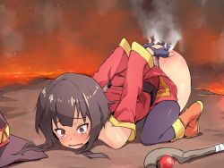 Rule 34 | 1girl, ass, bare shoulders, belt, black belt, black gloves, boots, brown footwear, burnt, covering privates, covering ass, dress, embers, fingerless gloves, fire, gloves, hat, kono subarashii sekai ni shukufuku wo!, long sleeves, lying, megumin, lava, on stomach, open mouth, pain, panties, red ass, red dress, red eyes, short hair with long locks, single thighhigh, smoke, staff, tears, thighhighs, top-down bottom-up, uchiko onigiri, underwear, wavy mouth, white panties, witch hat