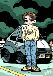 Rule 34 | 1boy, belt, black belt, black eyes, blue pants, brown hair, car, chibi, choro-q, denim, derivative work, expressionless, forest, fujiwara takumi, fujiwara takumi&#039;s toyota trueno ae86, hair behind ear, hands in pockets, highres, initial d, jeans, license plate, looking to the side, male focus, motor vehicle, nature, pants, parody, parted bangs, road, satosio, shoes, signature, sneakers, solo, style parody, sweater, toyota, toyota sprinter trueno, yellow footwear, yellow sweater