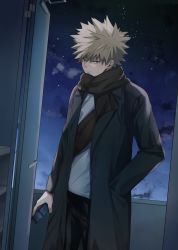Rule 34 | 1boy, alternate costume, bakugou katsuki, black jacket, black pants, blonde hair, boku no hero academia, brown pants, brown scarf, closed mouth, commentary request, cowboy shot, door, gift, grey shirt, highres, holding, holding gift, jacket, long sleeves, looking at viewer, male focus, miyanami 3, night, night sky, open clothes, open jacket, outdoors, pants, red eyes, scarf, shirt, sky, smile, solo, spiked hair, star (sky), starry sky