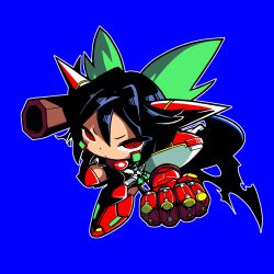Rule 34 | 1girl, arm cannon, armor, armored boots, black cape, black hair, blue background, boots, bow, cape, clenched hand, closed mouth, commentary request, control rod, cookie (touhou), cosplay, full body, gauntlets, getter-1, getter-1 (cosplay), getter robo, green bow, hair between eyes, hair bow, highres, long hair, looking at viewer, mecha musume, nadeko (cookie), red armor, red eyes, reiuji utsuho, ringed eyes, simple background, solo, third eye, tonchamon san, touhou, v-shaped eyebrows, weapon