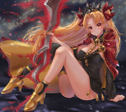 Rule 34 | 1girl, absurdres, artist name, ass, blonde hair, blush, bow, breasts, cape, commentary request, earrings, ereshkigal (fate), fate/grand order, fate (series), hair ribbon, highres, holding, holding weapon, jewelry, large breasts, long hair, looking at viewer, milky way, night, night sky, parted bangs, red eyes, ribbon, skull, sky, smile, solo, star (sky), tiara, twintails, two side up, wakana art, weapon