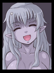 Rule 34 | 1girl, breasts, closed eyes, collarbone, colored skin, fang, felarya, grey hair, karbo, large breasts, long hair, nude, open mouth, out-of-frame censoring, pointy ears, purple skin, smile, solo, upper body, vivian (karbo)