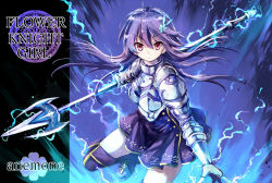 Rule 34 | 1girl, anemone (flower knight girl), armor, armored dress, character name, copyright name, cowboy shot, electricity, expressionless, floating hair, flower, flower knight girl, gauntlets, hair flower, hair ornament, hairclip, highres, kumakou, long hair, looking at viewer, metal gloves, polearm, purple hair, purple skirt, purple theme, purple thighhighs, red eyes, skirt, solo, spear, thighhighs, weapon