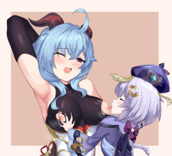 Rule 34 | 2girls, ;d, absurdres, ahoge, arm up, armpits, blue hair, blush, bodysuit, bow, braid, braided ponytail, breast milk, breasts, closed eyes, ganyu (genshin impact), genshin impact, goat horns, grabbing, grabbing another&#039;s breast, hair bow, hair ornament, hat, highres, horns, jiangshi, lactation, large breasts, licking, licking nipple, milk, multiple girls, mz (yeye ai chipao mian), nipple stimulation, nipples, one eye closed, open mouth, purple hair, qingdai guanmao, qiqi (genshin impact), skin tight, sleeveless, smile, tongue, tongue out, torn bodysuit, torn clothes, upper body