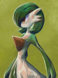 Rule 34 | 1girl, arms at sides, bob cut, colored skin, cowboy shot, creatures (company), female focus, flat chest, game freak, gardevoir, gen 3 pokemon, green background, green hair, green skin, green theme, hair over one eye, highres, kurashina (krsn poke324), looking to the side, multicolored skin, nintendo, no mouth, one eye covered, pokemon, pokemon (creature), red eyes, short hair, simple background, solo, standing, two-tone skin, white skin
