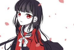 Rule 34 | 1girl, alternate hairstyle, black hair, blunt bangs, breasts, collarbone, commentary request, danganronpa (series), danganronpa v3: killing harmony, harukawa maki, highres, long hair, long sleeves, looking at viewer, mole, mole under eye, open mouth, parted lips, petals, red eyes, sailor collar, satori (aosky9077), school uniform, serafuku, shirt, shirt tucked in, simple background, skirt, small breasts, solo, upper body, very long hair, white background