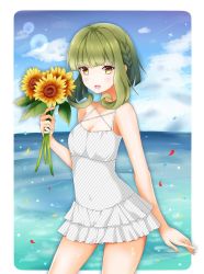 Rule 34 | 1girl, blue sky, bob cut, braid, breasts, brown eyes, casual one-piece swimsuit, cleavage, cloud, commentary request, cowboy shot, day, flower, frilled skirt, frills, green hair, highres, horizon, kantai collection, one-piece swimsuit, outdoors, remimiku, short hair, short hair with long locks, sidelocks, skirt, sky, small breasts, solo, striped clothes, striped one-piece swimsuit, sunflower, swimsuit, swimsuit skirt, takanami (kancolle), white one-piece swimsuit