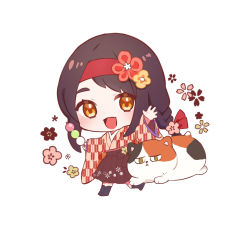 Rule 34 | 1girl, :d, animal, black footwear, black hair, black hakama, boots, braid, brown eyes, brown flower, brown kimono, cat, chibi, dango, floral background, flower, food, hair flower, hair ornament, hairband, hakama, hakama skirt, highres, holding, holding food, japanese clothes, kimono, long hair, long sleeves, open mouth, original, outstretched arms, print kimono, red hairband, sanshoku dango, simple background, skirt, sleeves past wrists, smile, solo, standing, standing on one leg, thick eyebrows, tsumetsume zerii, wagashi, white background, wide sleeves, yagasuri