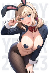 Rule 34 | 1girl, 2023, :p, animal ears, areola slip, black hairband, black jacket, black pantyhose, blonde hair, blue eyes, bow, bowtie, breasts, cleavage, collar, cowboy shot, cropped jacket, detached collar, english text, fake animal ears, fake tail, fishnet pantyhose, fishnets, hair ornament, hair over shoulder, hair scrunchie, hairband, hand on own thigh, hand up, happy new year, heart pasties, highres, ishigaki takashi, jacket, large breasts, leaning forward, leotard, long sleeves, looking at viewer, medium hair, meme attire, nail polish, navel, new year, open clothes, open jacket, original, pantyhose, pasties, pink nails, pink scrunchie, playboy bunny, rabbit tail, red bow, red bowtie, reverse bunnysuit, reverse outfit, scrunchie, short twintails, sidelocks, simple background, solo, stomach, tail, thighs, tongue, tongue out, twintails, v, white background, white collar, white wrist cuffs, wing collar, wrist cuffs