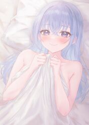 Rule 34 | 1girl, bed sheet, blanket, blue hair, blush, breasts, collarbone, gameso, highres, holding, holding blanket, idolmaster, idolmaster shiny colors, implied nudity, large breasts, long hair, looking at viewer, lying, nude, on back, pillow, purple eyes, smile, solo, straight hair, suzuki hana, under covers, upper body, very long hair