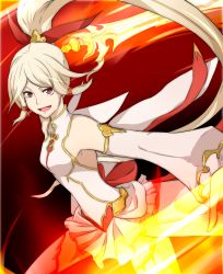 Rule 34 | 10s, 1girl, bare shoulders, blonde hair, boots, breasts, detached sleeves, fire, gradient background, hair ornament, highres, lailah (tales), long hair, open mouth, ponytail, red eyes, rose (tales), skirt, sword, tales of (series), tales of zestiria, thigh boots, thighhighs, weapon