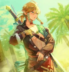 Rule 34 | 1boy, arrow (projectile), azu-taro, bad id, bad twitter id, bare pectorals, blonde hair, blue eyes, blue sky, blush, bow (weapon), coat, coconut tree, collarbone, crossbow, day, gloves, igote, link, male focus, navel, nintendo, outdoors, palm tree, pectorals, pointy ears, ponytail, sky, solo, stomach, sweat, sword, the legend of zelda, the legend of zelda: breath of the wild, tree, undressing, weapon