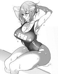 Rule 34 | 10s, 1girl, alternate costume, armpits, arms up, bad id, bad pixiv id, breasts, character name, cleavage, female focus, flipped hair, greyscale, hair between eyes, highres, hohehohe, impossible clothes, impossible swimsuit, kantai collection, large breasts, looking to the side, monochrome, mutsu (kancolle), one-piece swimsuit, partially submerged, pool, poolside, pouty lips, school swimsuit, short hair, simple background, sitting, solo, swimsuit, wet
