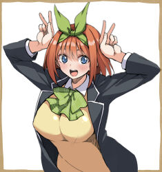 Rule 34 | 1girl, :d, absurdres, arms up, black jacket, blue eyes, blush, border, bow, breasts, brown border, commentary request, double v, eyebrows hidden by hair, eyelashes, go-toubun no hanayome, green bow, green ribbon, hair between eyes, hair ribbon, happy, highres, jacket, large breasts, long sleeves, looking at viewer, medium hair, nakano yotsuba, open clothes, open jacket, open mouth, orange hair, plaid, plaid bow, ribbon, round teeth, school uniform, simple background, smile, solo, straight hair, sweater vest, teeth, upper body, upper teeth only, v, white background, yellow sweater vest, yunodon (sugar maple)