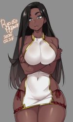 Rule 34 | 1girl, agawa ryou, aqua eyes, arms under breasts, artist name, black hair, breasts, dark-skinned female, dark skin, dated, dress, eyebrows, gold trim, grey background, large breasts, long hair, panties, red panties, signature, simple background, solo, string, string of fate, thick eyebrows, thick thighs, thighs, underwear, white dress