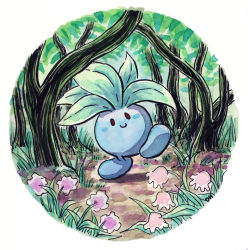 Rule 34 | blush stickers, commentary, creature, creatures (company), english commentary, flower, full body, game freak, gen 1 pokemon, grass, highres, nintendo, oddish, oliver hamlin, outdoors, plant, pokemon, pokemon (creature), round image, signature, smile, solo, standing, standing on one leg