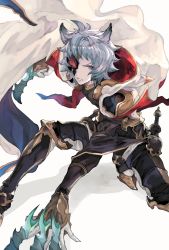 Rule 34 | 1boy, animal ears, blue eyes, cape, claw (weapon), commentary request, erune, frown, granblue fantasy, grey hair, highres, hood, hood down, long sleeves, male focus, mask, mask over one eye, mole, mole under eye, mumu vosp, pants, seox (granblue fantasy), short hair, solo, weapon, white background